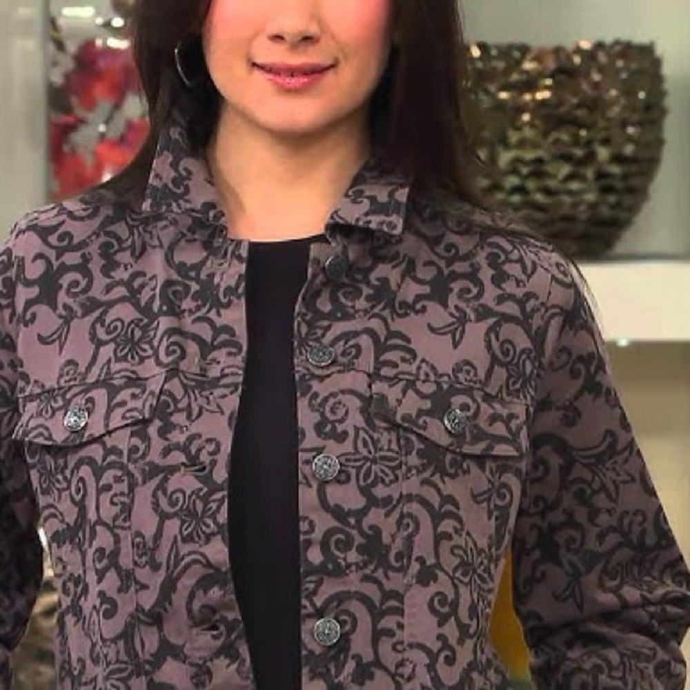 Y2K Denim&Co QVC Scroll Print Stretch Twill Denim Jacket Women’s Medium Gray